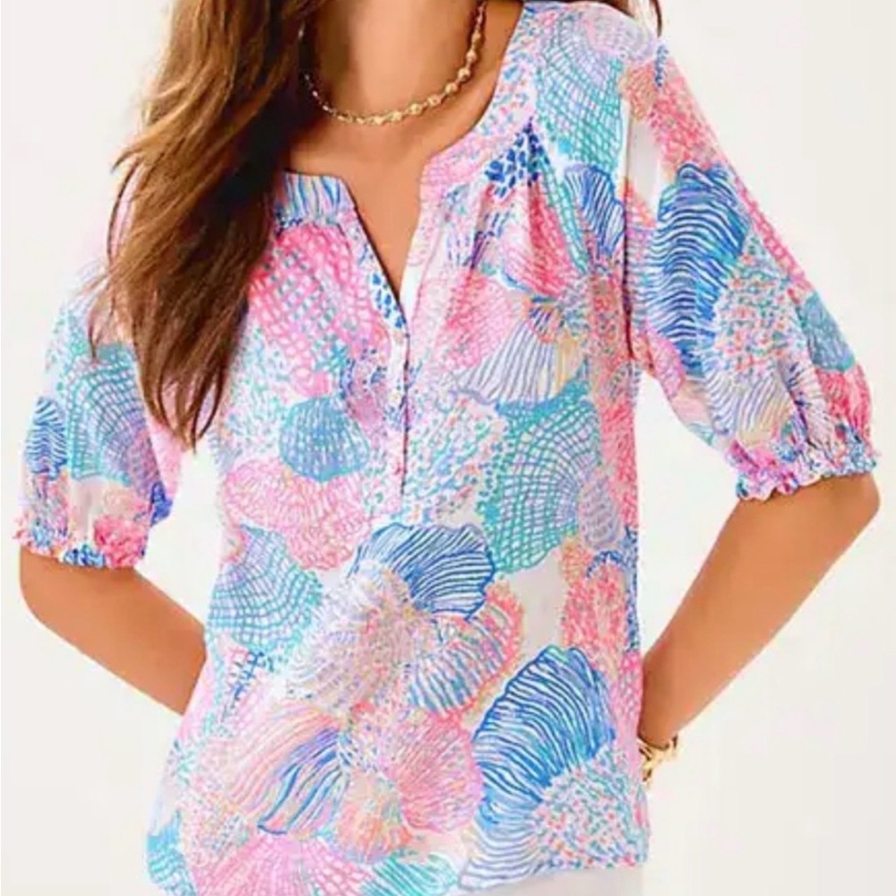 Lilly Pulitzer Caprina Linen Top in Multi Roar of the Seas, sz L, VGUC